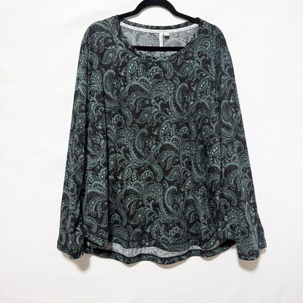 Live Well Womens Green Paisley Long Sleeve Top Size 26/28W Thumb Hole